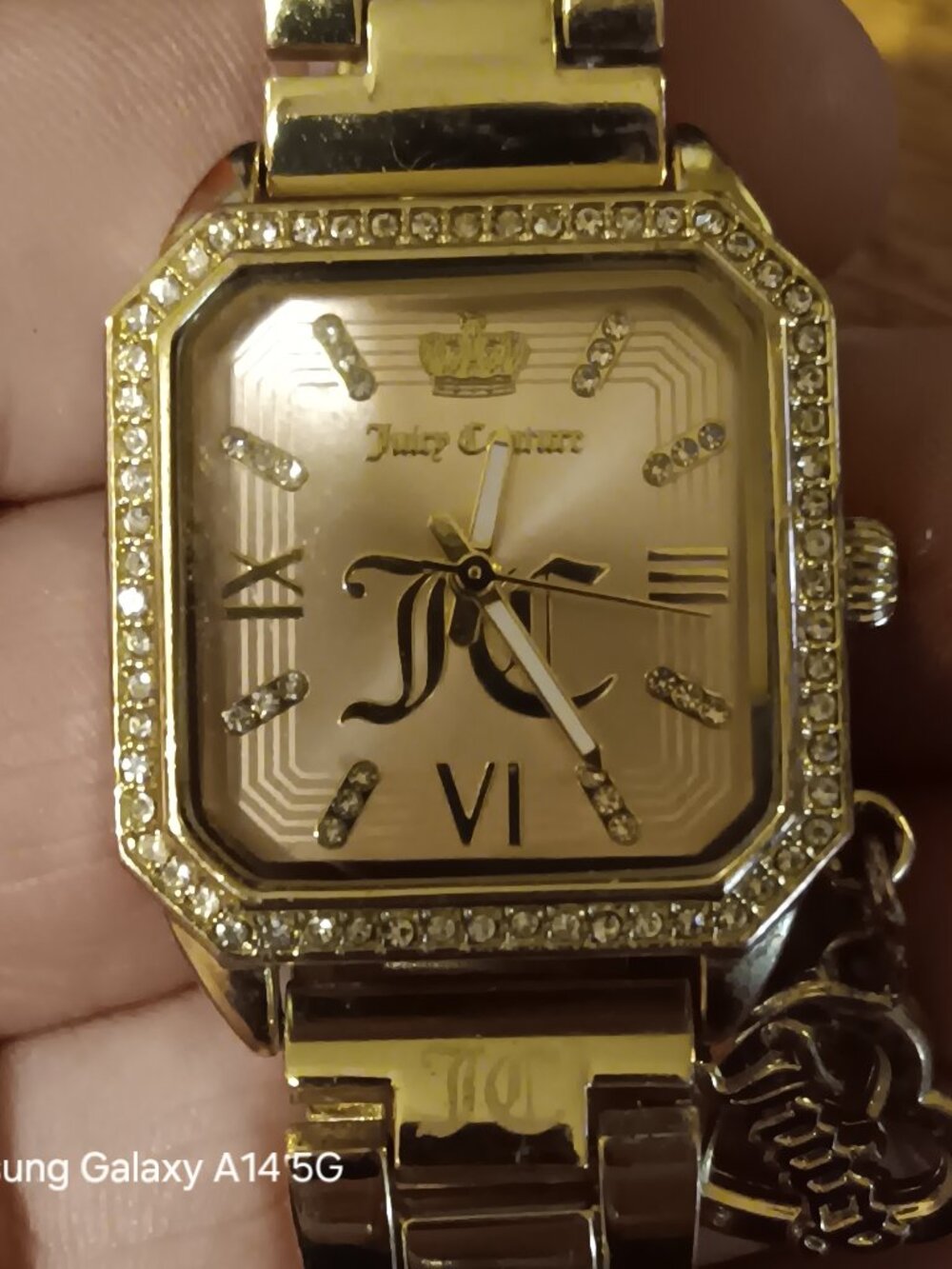 JUICY COUTURE Womens Gold Tone Square Crystal Bezel Watch Heart Charm Works